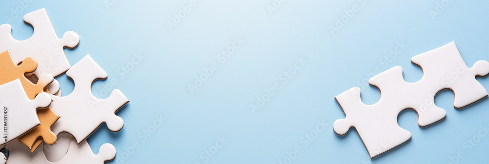 Poster white puzzle pieces on blue background create calm and inviting atmosphere, perfect for problem solv