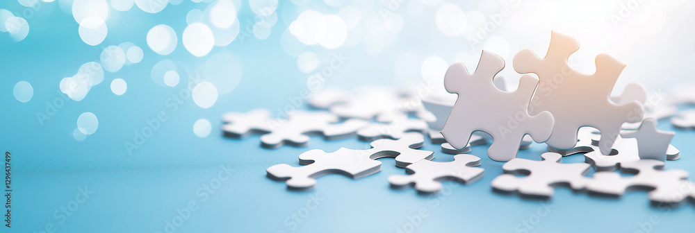 Poster white puzzle pieces scattered on blue background, creating serene and thoughtful atmosphere. soft bo