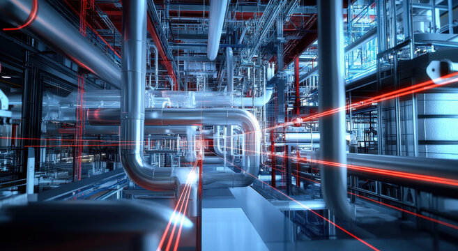 An industrial facility highlights intricate piping systems, emphasizing efficient layouts and advanced machinery. The structure features a dynamic use of light and modern design