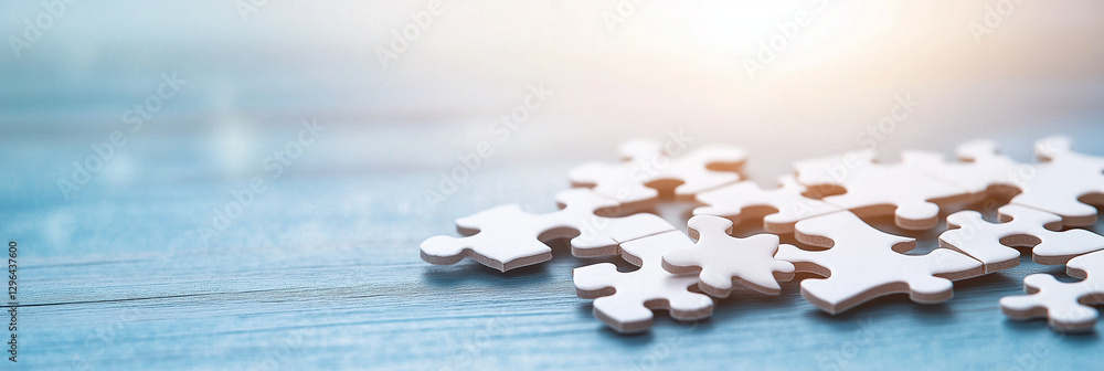 Poster white puzzle pieces scattered on blue wooden surface, creating serene and thoughtful atmosphere. per