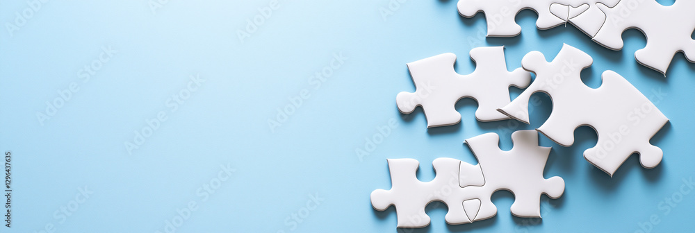 Poster white puzzle pieces scattered on blue background create calm and inviting atmosphere. simplicity of 