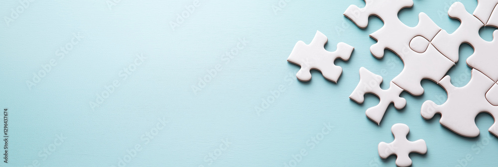 Poster white puzzle pieces on light blue background create serene and calming atmosphere, perfect for conve