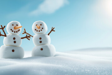 Two cheerful snowmen made from marshmallows stand in snowy landscape, enjoying sunny winter day. Their playful expressions and bright colors create delightful scene