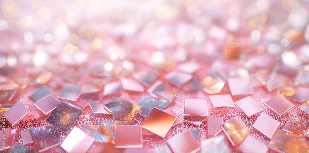 Poster shimmering pink sequin texture with reflective square shapes creates vibrant background. soft bokeh 