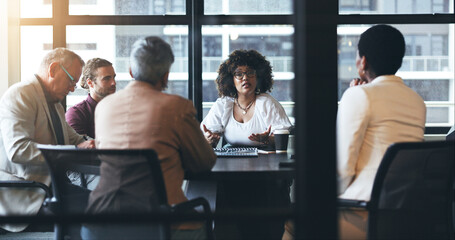 Business people, meeting and corporate strategy in teamwork, discussion or ideas together at...