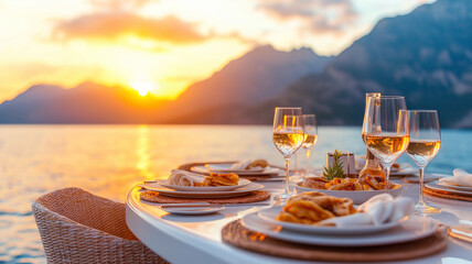 Fototapeta premium beautifully set dinner table on luxury yacht, overlooking stunning sunset with mountains in background. scene evokes sense of relaxation and elegance, perfect for memorable dining experience