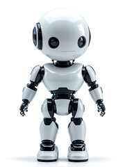 A collection of futuristic humanoid robots featuring sleek white and black designs, with advanced features like glowing eyes and blue accents. These robots represent the future of artificial intellige