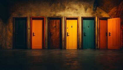 Obraz premium Row of vibrant colored doors against a textured concrete wall