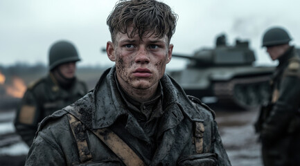 Soldiers face the harsh realities of war in a gritty, cinematic atmosphere, showcasing their determination and the toll of conflict under a cloudy sky