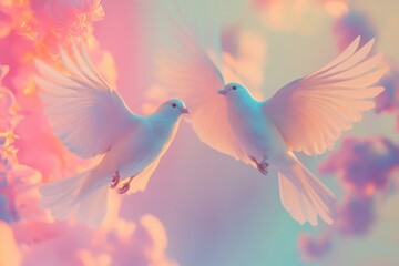 Fototapeta premium Doves flying gracefully among soft pink blossoms in dreamy light during springtime. Generative AI
