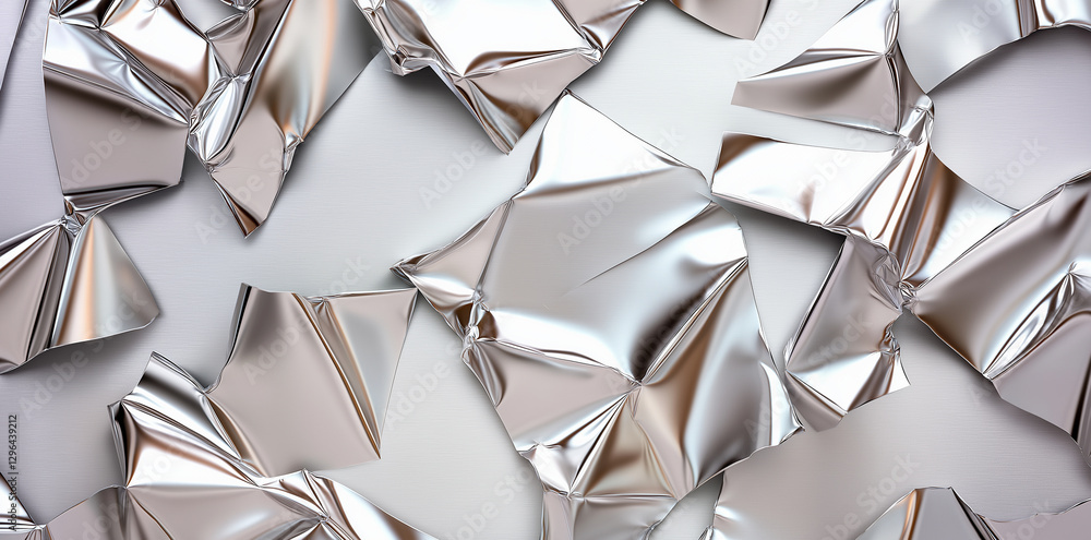 Poster crumpled silver foil texture creates shiny, reflective surface, adding depth and interest to any des