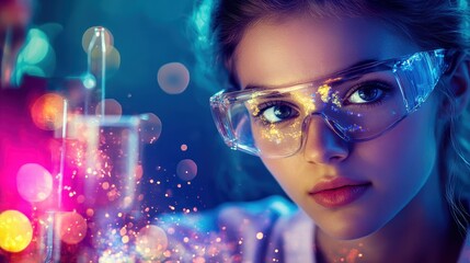 A young woman, her brow furrowed in concentration, delves into the mysteries of science within a vibrant lab, her focused gaze reflecting the intellectual energy of the scientific endeavor.