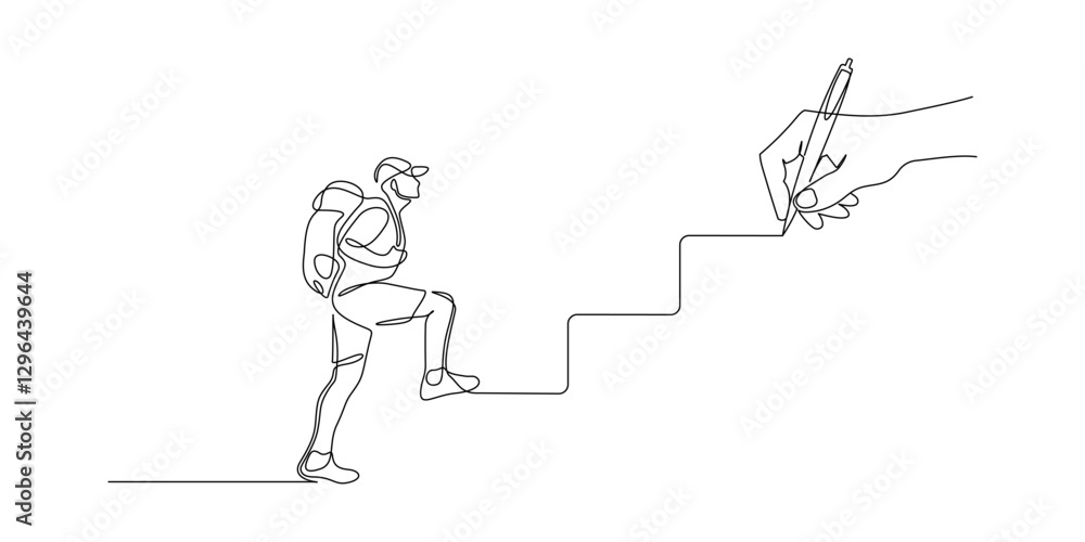 Poster Man climbs the stairs in one continuous line drawing. Concept symbol of career success and achieving goals in simple linear style. Leadership development Editable stroke. Doodle vector illustration