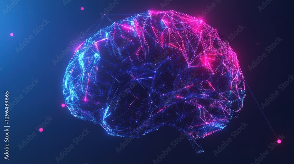 Poster minimalist low poly geometric brain model rendered in 3d with neon accents floating against a dark m