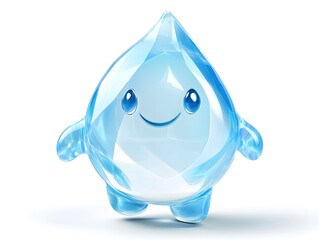 3d animation playful water droplet character with a shimmering crystal-like body, white background transpency