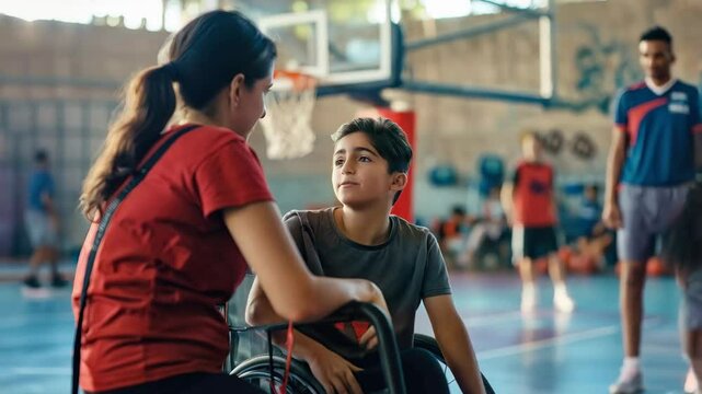 Wheelchair basketball athlete attentively hearing coaching instructions during gymnasium practice