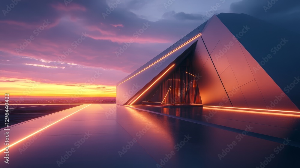 Poster contemporary home at night with an angular facade, illuminated by sleek led strips for a futuristic 