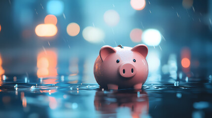 Cute pink piggy bank floating in rainwater, captured with a bokeh effect in hyper-realistic photography style. Hyper-Realistic Rain Reflections. Illustration