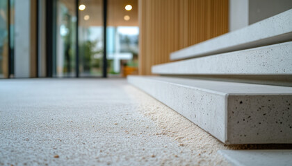Close-up of a neatly finished concrete edge at an entrance, showcasing smooth lines and surrounding textures, highlighting contemporary design in a well-lit space