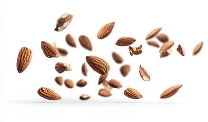 Flying Almonds with White Background, Healthy Snack and Diet