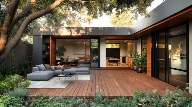 Decks, patios, and courtyards were added to the renovation of a modern Melbourne home extension.