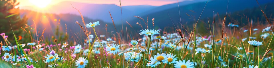 Panoramic view of a beautiful meadow with wildflowers in the mountains at sunset. Summer landscape with white daisies and grass, in the style of a banner format