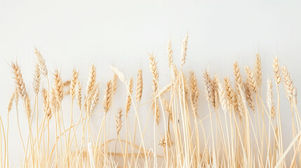 Obraz premium A detailed close-up of golden wheat stalks with delicate textures, set against a minimalistic white background in soft lighting