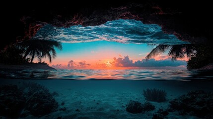A stunning view of the sea at sunset from a cave entrance