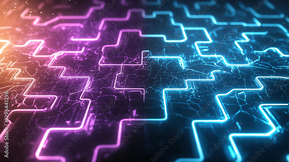 Poster vibrant neon maze background featuring glowing blue and pink lines, creating captivating and dynamic