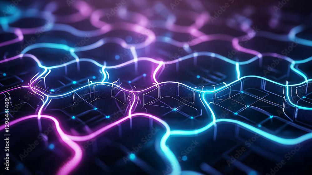 Poster vibrant maze design featuring neon glowing elements in blue and pink, creating captivating visual ef