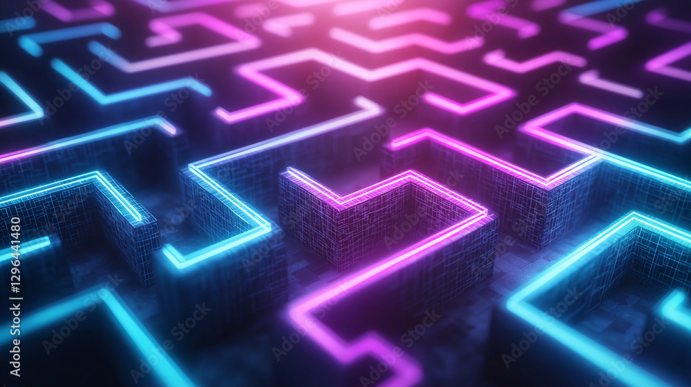 Poster vibrant maze with neon glowing elements creates captivating visual experience. intricate pathways ar