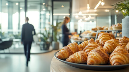 Freshly baked croissants on display in an office break room or buffet, a person walking by in the background, and a bright, clean setting.