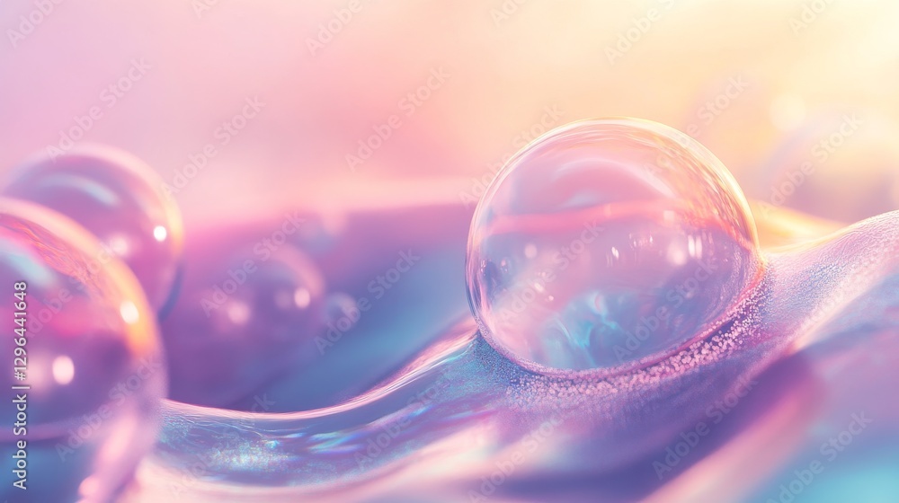 Poster several transparent spherical bubbles with iridescent and soft gradients appear