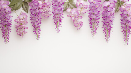 Beautiful purple wisteria flowers hanging gracefully against white background, creating serene and elegant atmosphere. Perfect for floral designs and nature themes