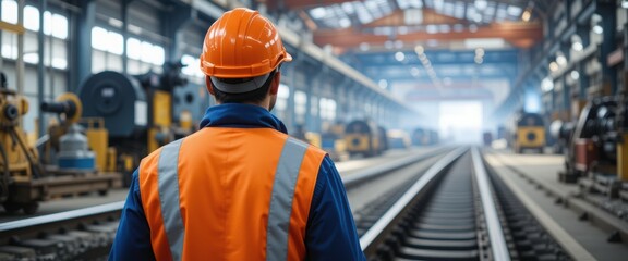 Fototapeta premium Engineer in Factory, Railroad Tracks - Industrial settings