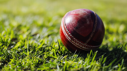 Close-Up of a Shiny Red Cricket Ball Resting on Green Grass in Sunlight