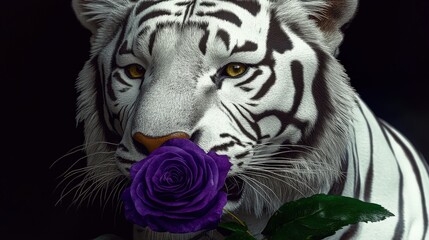 A stunning portrait of a majestic white tiger delicately holding a purple rose, symbolizing the elegance and beauty of nature combined with artistic expression.