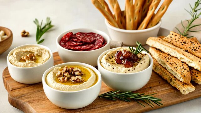 Delicious Hummus Platter with Breadsticks, Salami, and Fresh Herbs