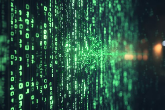Digital world of hacking with green binary code cascading in a futuristic environment at night