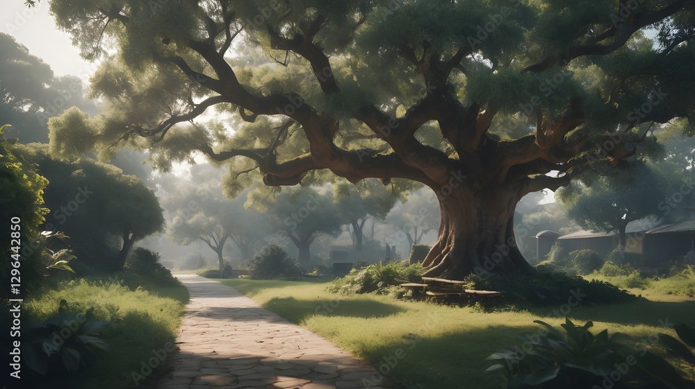 Poster an old giant tree dominates the scenic landscape, with a path leading into the distance. the branche
