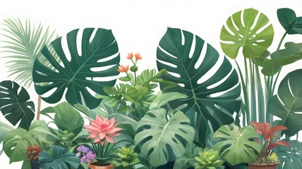 Fotobehang a vibrant array of tropical plants including Monstera leaves and lush foliage © Asawin