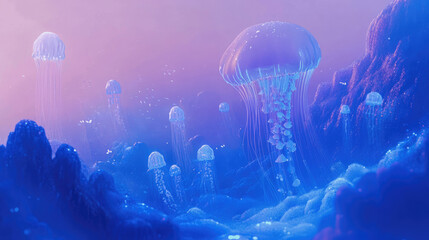 Beautiful jellyfish swim gracefully in vibrant blue ocean under soft purple light at twilight. Generative AI