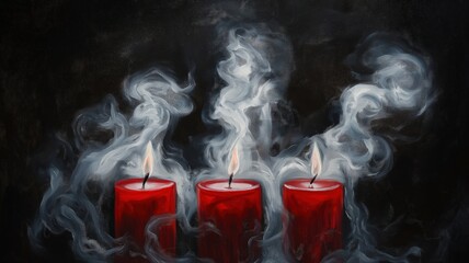 Three red candles, smoke rising from the wicks