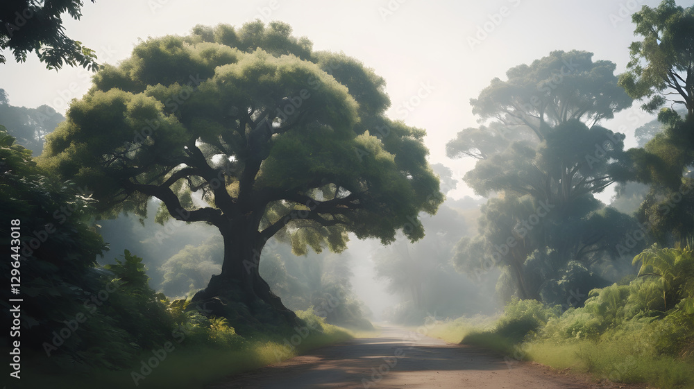 Poster a serene forest scene with a large tree and a road surrounded by lush green vegetation. the scene is