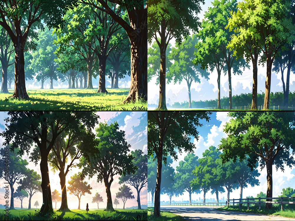 Poster a collage showcasing lush green trees in different scenes with sunlight filtering through the leaves
