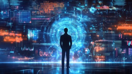 Obraz premium Visionary entrepreneur studying 2025 financial growth trends, interactive KPI