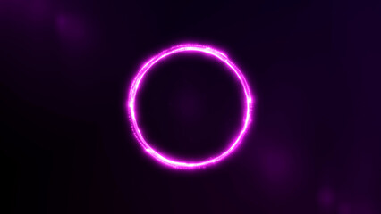 Digital purple neon orb on dark defocussed background. Magic energy sphere visualisation  made of glowing particles.