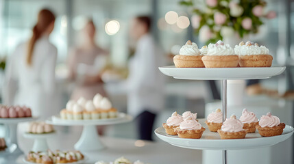 Delicate pastries and tarts arranged on tiered stands for an event, creating a sweet and elegant dessert display.