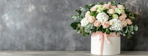 Delicate arrangement of roses and hydrangeas in a round gift box, perfect for Valentine's Day or celebrating women in your life