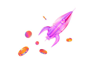 3D neon or holograpchic rocket with coins. Stock vector illustration on isolated background.